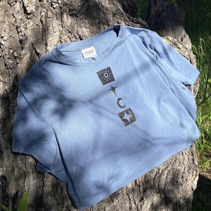 Sun Moon & Stars | Original Block Print Tan Crop Top | Size XL | Linoprint Apparel | Upcylced