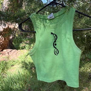 Cosmic Guardian | Original Block Print Green Crop Top | Size Medium | Linoprint Apparel | Upcylced