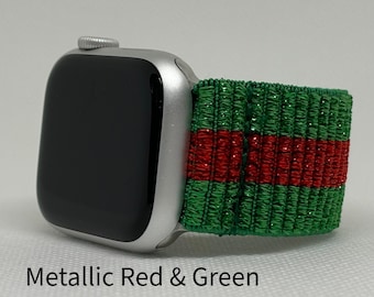 Red & Green Metallic Stripe Elastic Watch Band for Any Smart Watch - Choose your brand - Christmas Holiday