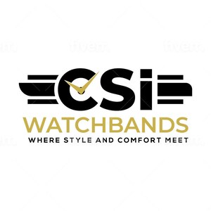 May include: Black and gold logo for a company called "CSI Watchbands" with the tagline "Where style and comfort meet".