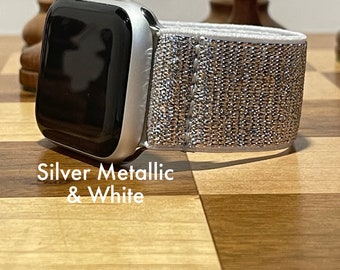 Silver Metallic/White Elastic Watch Band for Any Smartwatch Model | Choose Your Watch Brand & Model