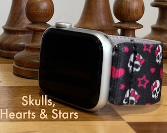 Custom Fit Hot Pink Skulls, Stars and Hearts Halloween Elastic Watch Band for Any Smartwatch Model | Choose Your Watch Brand & Model