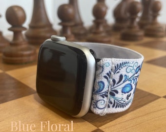 Custom Fit Blue Floral Scroll Elastic Watch Band for all Smart Watches | Choose your Brand