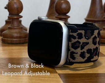 Schwarzes und braunes Leopard verstellbares elastisches Uhrenarmband kompatibel für 38mm, 40mm und 41mm Apple Watches