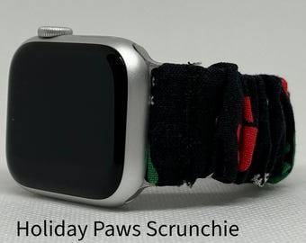Handmade Christmas paw prints scrunchie watch band - 100% cotton - stylish accessory for animal lovers'  - holiday gifts