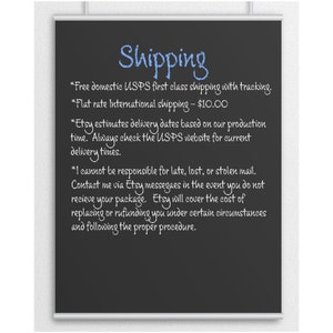 May include: Blackboard with white text outlining shipping information for Etsy orders. The text includes information about domestic and international shipping rates, delivery estimates, and responsibility for lost or stolen mail.