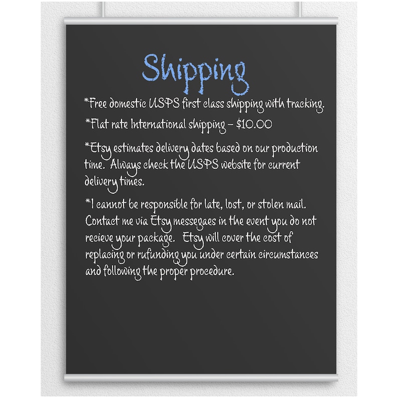 May include: Blackboard with white text outlining shipping information for Etsy orders. The text includes information about domestic and international shipping rates, delivery estimates, and responsibility for lost or stolen mail.