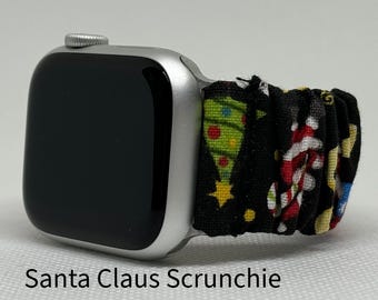 Custom fit Christmas Santa Claus scrunchie watch band - 100% cotton  festive accessory for holiday gifts - Choose your watch brand and model