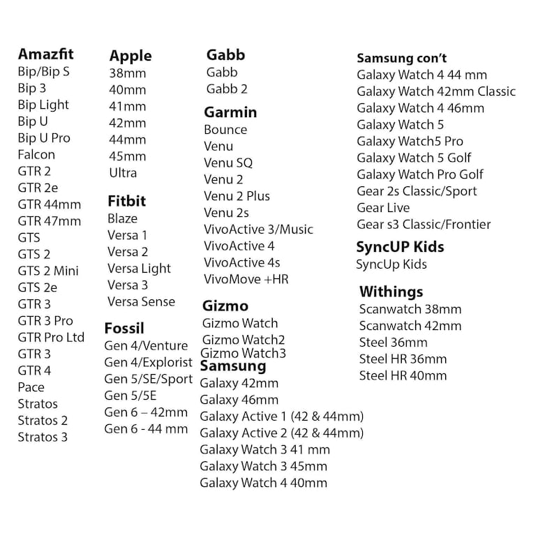 May include: A chart listing different smartwatch brands and models with their corresponding sizes in millimeters. Brands include Amazfit, Apple, Gabb, Garmin, Fitbit, Fossil, Samsung, SyncUP Kids, and Withings.