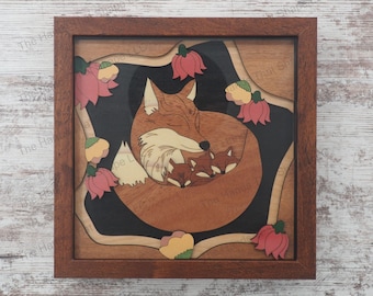 Fox Family Art, Flower Shadowbox, Multilayer Picture, Wood Inlay Art, Laser Ready Files, Cute Fox SVG, Floral Fox Wood Art, DIY Home Decor