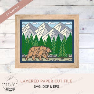 Bear and Mountain, 3D Layered SVG File, Multilayer Cardstock, Landscape Shadow Box, Cardstock Art SVG, Grizzly Bear SVG, Stained Glass svg