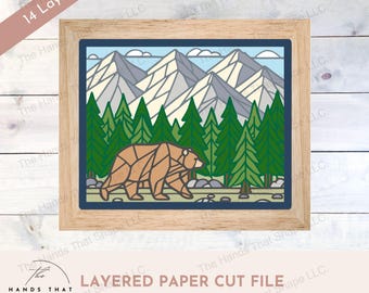 Bear and Mountain, 3D Layered SVG File, Multilayer Cardstock, Landscape Shadow Box, Cardstock Art SVG, Grizzly Bear SVG, Stained Glass svg