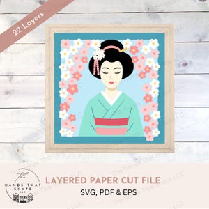 Arte de parede de gueixa, arquivo SVG em camadas 3D, papel cartão multicamadas, decoração com tema japonês, arte em papel cartão SVG, flor de cerejeira SVG, papel com padrão artesanal