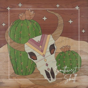 Cráneo occidental SVG, arte de incrustación de madera, archivos listos para usar con láser, decoración del hogar DIY, cactus de barril dorado, archivo de corte por láser, tema del desierto, obra de arte de cactus