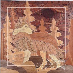 May include: A wooden art piece depicting a wolf in a forest setting. The wolf is made of different wood types, creating a unique and intricate design. The background features trees and swirling patterns, suggesting a sense of movement and depth. The text "Lone Wanderer Wolf in the Forest" is written at the bottom of the piece.