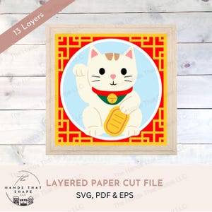 Arte de parede de gato da sorte, arquivo SVG em camadas 3D, papel cartão multicamadas, decoração com tema japonês, arte em papel cartão SVG, arte em caixa de sombra asiática, amuleto da sorte faça você mesmo