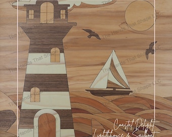 May include: A wooden art piece depicting a lighthouse and sailboat on a wavy sea. The lighthouse is brown and white with a black door and windows. The sailboat is white with a brown hull. The background is a light brown wood with a sun and birds.