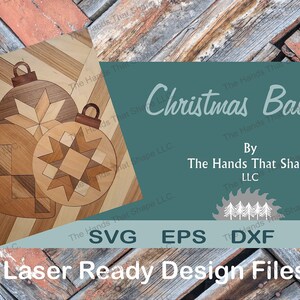 Digital design file for laser cutting: 3 overlapping wood inlay ornaments, each with a unique quilt pattern. Create and sell your physically crafted pieces.