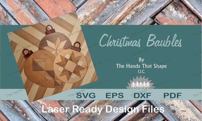 Digital design file for laser cutting: 3 overlapping wood inlay ornaments, each with a unique quilt pattern. Create and sell your physically crafted pieces.