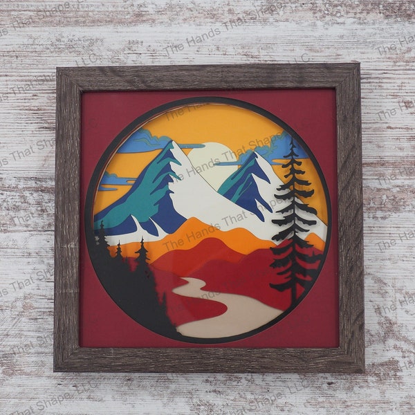 Mountain shadow box, mountain stream, layered paper, nature landscape art, made in America, Nature Scene, framed paper art, camping memories