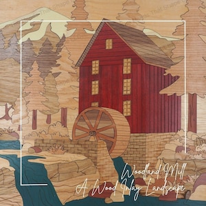 Molino harinero, molino de agua SVG, arte de incrustación de madera, archivos listos para usar con láser, archivo de corte por láser, arroyo forestal, archivo de diseño digital, bosque de montaña