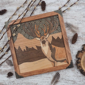 Deer with mountain, wooden wall art, Deer Silhouette, Handcrafted decor, made in USA wall art, Rustic Cabin Decor, wood inlay art