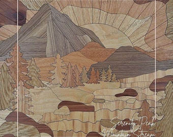 Paisaje de montaña, arroyo forestal, arte en madera al amanecer, archivos listos para cortar con láser, decoración del hogar DIY, arte con incrustaciones de madera, temática de montaña, patrón cortado con láser