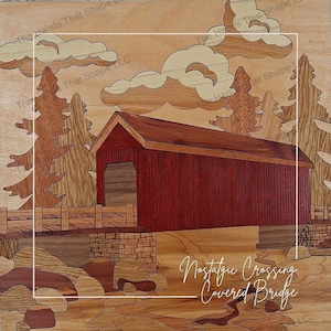 Covered Bridge, Forest Stream, Wood Inlay Art, laser ready files, DIY Home Decor, wood bridge, laser cut pattern, rustic barn decor