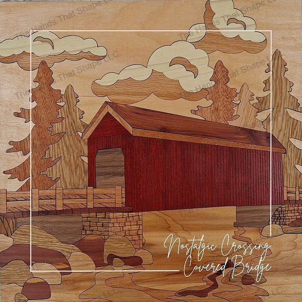 Covered Bridge, Forest Stream, Wood Inlay Art, laser ready files, DIY Home Decor, wood bridge, laser cut pattern, rustic barn decor