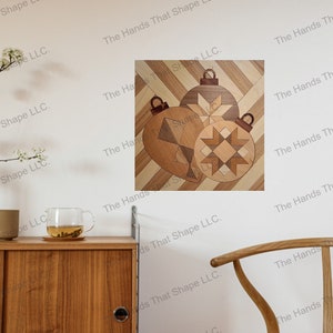 Christmas Baubles laser ready file: Quilt-inspired wood inlay ornaments, a holiday centerpiece for your living space.