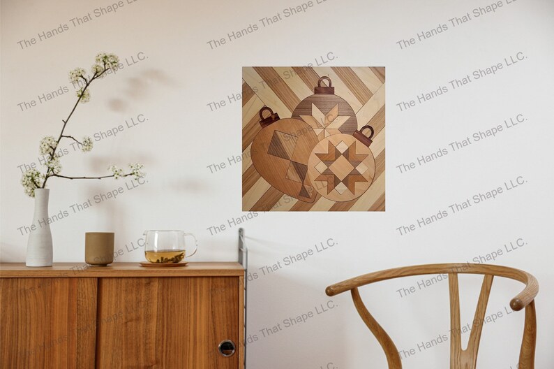 Christmas Baubles laser ready file: Quilt-inspired wood inlay ornaments, a holiday centerpiece for your living space.