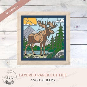 Moose Shadow Box, 3D Layered SVG File, Multilayer Cardstock, Nature Landscape Art, Cardstock Art SVG, Moose in the Forest, Stained Glass SVG