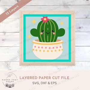 Lindo cactus SVG, archivo SVG en capas 3D, cartulina multicapa, flor de cactus SVG, arte en cartulina svg, obra de arte de cactus, decoración de plantas en macetas