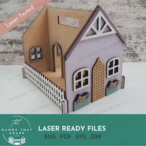 Casa de bonecas portátil, padrão de corte a laser, casa em miniatura SVG, mini chalé, arquivos prontos para laser, festa de pintura SVG, casa com flores