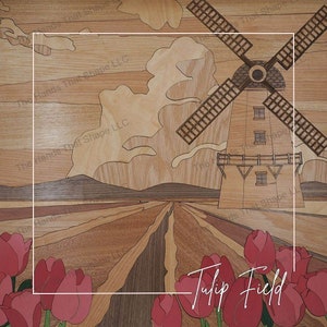 Campo de flores de tulipanes, molino de viento holandés svg, arte de incrustaciones de madera, archivos listos para láser, decoración del hogar DIY, arte de campos de tulipanes, espectacular, Holanda Michigan