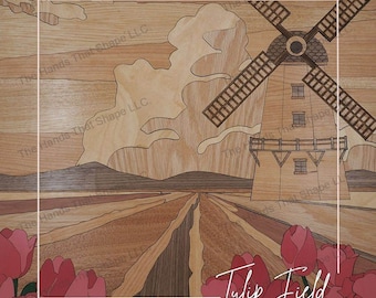 Tulip flower field, Dutch windmill svg, wood inlay art, laser ready files, DIY Home Decor, tulip fields art, showstopper, Holland Michigan