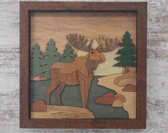 Moose in Trees SVG, Forest Stream, Multilayer Picture, Wood Inlay Art, Laser Ready Files, Shelf Sitter SVG, Woodland Animal art