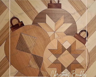 May include: Three wooden Christmas ornaments in the shape of baubles with a starburst design. The ornaments are made of different types of wood and have a natural wood finish. The ornaments are arranged in a row on a wooden surface. The text "Christmas Baubles" is written below the ornaments.