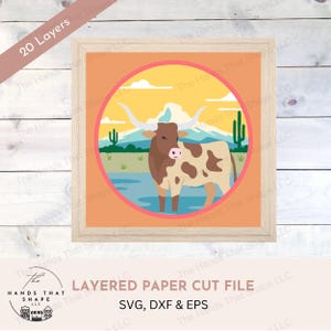 Vaca Texas Longhorn, arquivo SVG em camadas 3D, papel cartão multicamadas, arte com tema do sudoeste, arte em papel cartão SVG, arte de parede de cowboy, papel com padrão artesanal