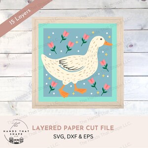 Pato fofo SVG, arquivo SVG em camadas 3D, papel cartão multicamadas, arte de parede folclórica, arte em papel cartão SVG, designs de tulipas da primavera, papel com padrão de artesanato