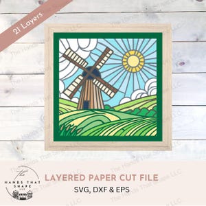 Molino de viento holandés SVG, archivo SVG en capas 3D, cartulina multicapa, arte de pared campestre, arte de cartulina SVG, decoración de pared con molino de viento, arte con caja de sombras