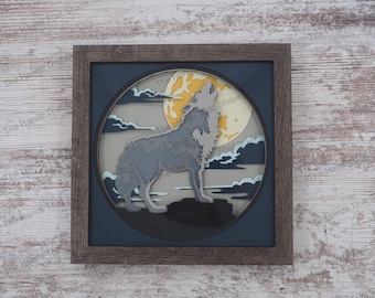 Wolf shadow box, howling wolf, layered paper, framed paper art, made in America, wolf silhouette, Cardstock Art, nature landscape art