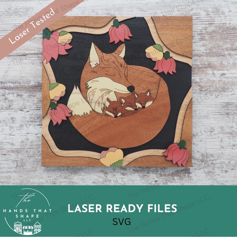 Fox Family Art, Flower Shadowbox, Multilayer Picture, Wood Inlay Art ...