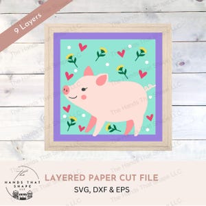 Cute Piglet SVG, arquivo SVG em camadas 3D, papel cartão multicamadas, arte de parede folclórica, arte em papel cartão SVG, flores e corações, papel com padrão de artesanato