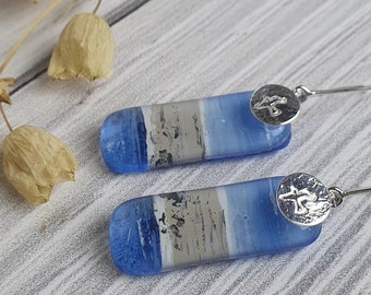 Fused Glass Earrings | OOAK | Beach Earrings | Hand Painted Glass Earrings | Sea Ocean Earrings | Beach Earrings | Handmade Sterling Silver