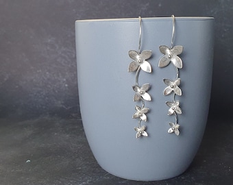 Long Handmade Flower Earrings, Dangling Flower Earrings, Long Dangle Silver Earrings, Artisan Floral Earrings, Solid Silver Long Earrings