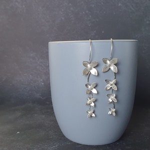 Long Handmade Flower Earrings, Dangling Flower Earrings, Long Dangle Silver Earrings, Artisan Floral Earrings, Solid Silver Long Earrings