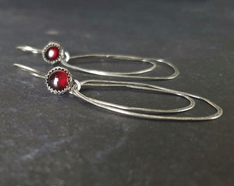 Long Garnet Hoops, Artisan Hoop Earrings, Oxidized Silver Long Hoops, Amethyst Hoop Earrings, Hoops Dangle Earrings, Handmade Silver Hoops