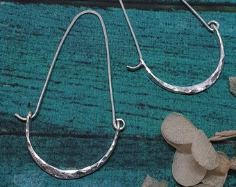 Long Crescent Moon Hoops | Solid Sterling Silver Long Hoops | Hammered Silver Hoops | Artisan Hoop Earrings | Unique Hoops | 925 Silver
