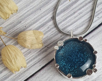 Sea Blue Dichroic Glass Pendant | OOAK | Contemporary Fused Glass & Silver Pendant | Set in Handmade Sterling Silver Setting | Unique